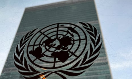 The United Nations headquarters building is pictured with a UN logo in the Manhattan borough of New York City.