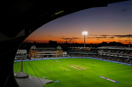 The view from the top of the Edrich Stand as England bat and the sun sets during the second Metro Bank One Day International between England and South Africa at Lords Cricket Ground.