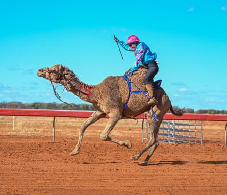 Woman riding a camel on a red dirt