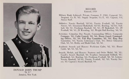 A yearbook entry for Donald Trump listing his various activities and societies at NYMA.