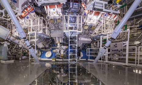 The National Ignition Facility at the Lawrence Livermore National Laboratory system uses 192 laser beams converging at the centre of this giant sphere.