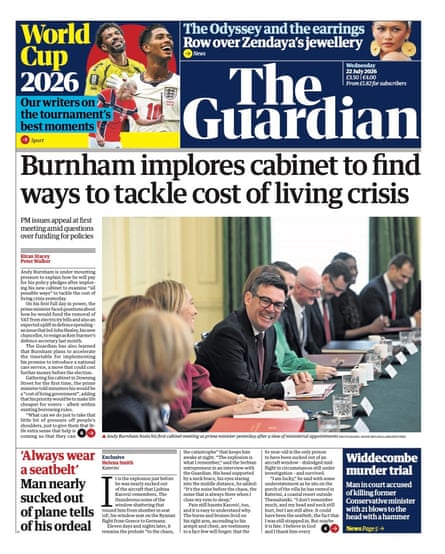 Front page of the Guardian 22 July 2026