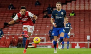 Pierre-Emerick Aubameyang scores the equaliser against Southampton – Arsenal’s third goal in nine league games.