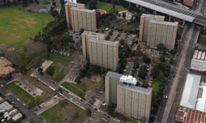 An aerial view of the public housing towers on Racecourse Road, North Melbourne.