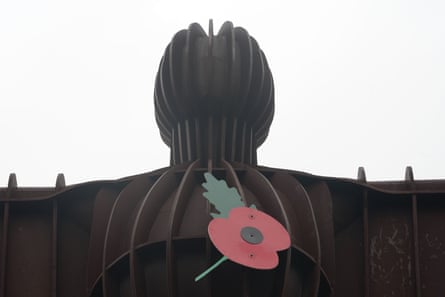 The Angel of the North in 2020, with its three-metre wide poppy.