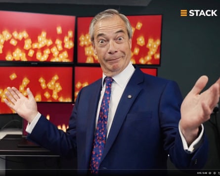 Farage will silly expression on face promoting Stack BTC