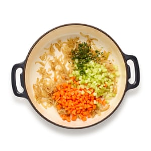 Set the meat aside, then fry the onion, celery and carrot with a sprinkle of rosemary and thyme.