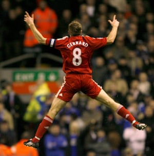 Steven Gerrard jumping in the air after scoring a goal