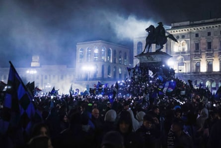 Piazza Duomo in Milan is packed with Inter supporters celebrating the club’s 20th domestic league title.
