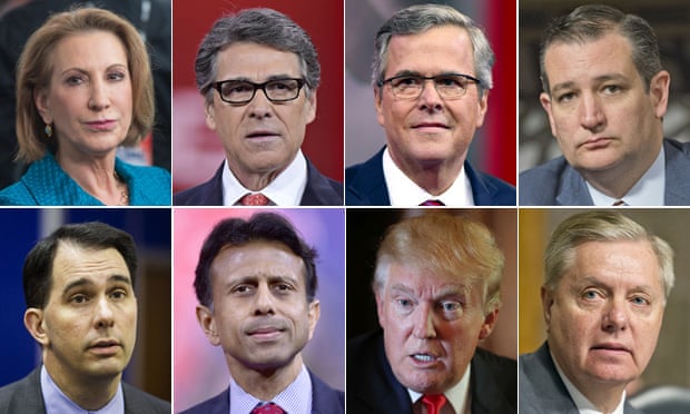 Composite for Ed Pilkington story on Republican candidates and donations
Top L to R: Carly Fiorino, Rick Perry, Jeb Bush and Ted Cruz
Bottom L to R: Scott Walker, Bobby Jindal, Donald Trump and Lindsey Graham