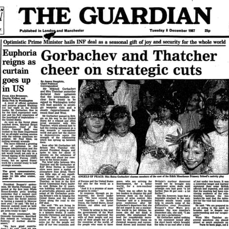 The Guardian front page ahead of the signing of the INF nuclear treaty, December 1987.