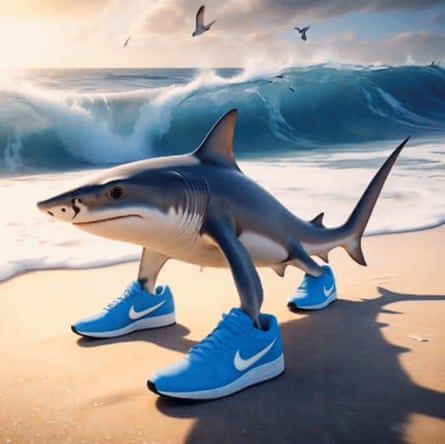A CGI shark on a beach, wearing Nikes, looking nonchalant
