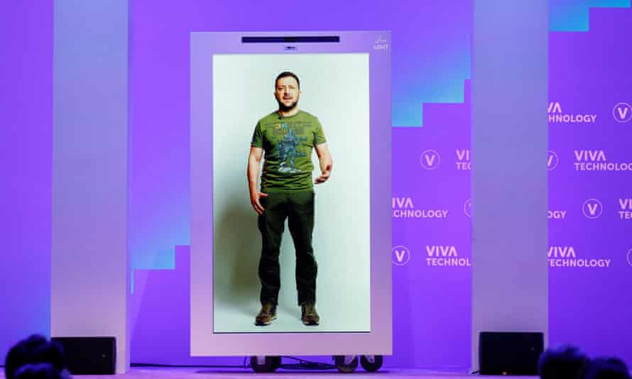 Ukrainian President Volodymyr Zelensky delivers a speech in a 3D hologram projection, at the Viva Technology conference dedicated to innovation and startups, at Porte de Versailles exhibition center in Paris, France June 16, 2022.