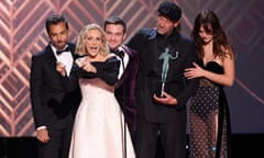 28th Annual Screen Actors&nbsp;Guild Awards - Show<br>SANTA MONICA, CALIFORNIA - FEBRUARY 27: (L-R) Eugenio Derbez, Marlee Matlin, Daniel Durant, Troy Kotsur, and Emilia Jones accept the award for Outstanding Performance by a Cast in a Motion Picture for ‘CODA’ onstage during the 28th Annual Screen Actors&nbsp;Guild Awards at Barker Hangar on February 27, 2022 in Santa Monica, California. (Photo by Rich Fury/Getty Images)