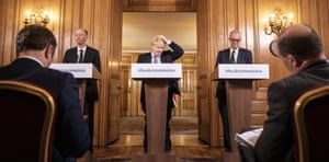 Boris Johnson gives a press conference on the coronavirus pandemic with chief medical officer Chris Whitty and chief scientific officer Sir Patrick Vallance on 16 March