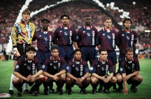 The Ajax line-up for the Champions League final in Vienna. Back: Edwin van der Sar, Clarence Seedorf, Frank Rijkaard, Finidi George, Frank de Boer, Danny Blind. Front: Jari Litmanen, Michael Reiziger, Edgar Davids, Marc Overmars, Ronald de Boer.