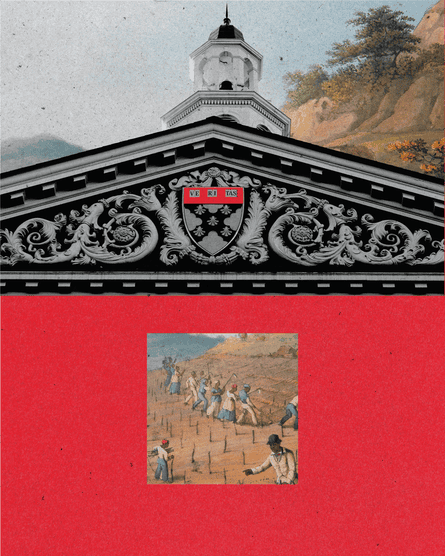 A composite image of Harvard University’s logo on a building and an illustration of slaves against a red background