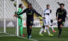 Everton’s Ademola Lookman celebrates after opening the scoring.