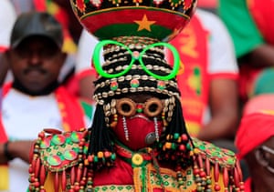 Yaounde, Cameroon A fan wears a costume at the Africa Cup of Nations game between Cameroon and Ethiopia at Stade d’Olembe, Cameroon