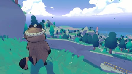 A tanuki looks out over the town.