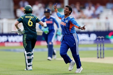 Deepti Sharma celebrates the dismissal of Beth Mooney.