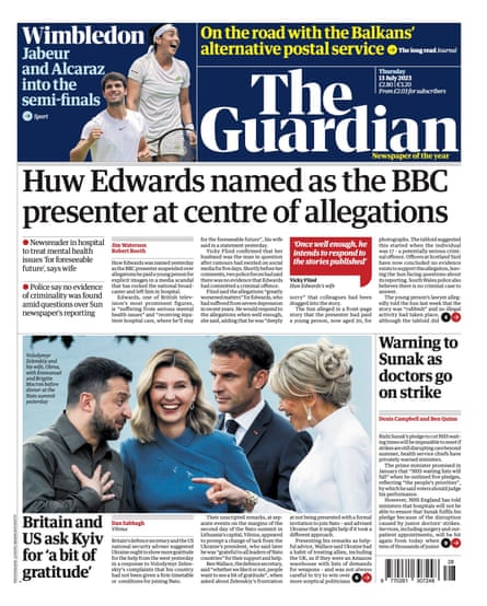 Guardian front page, Thursday 13 July 2023