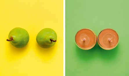 Grid of two images, each showing two items looking like breasts, the first green pears against yellow background, the other brown drinks with straws at their centre against green background