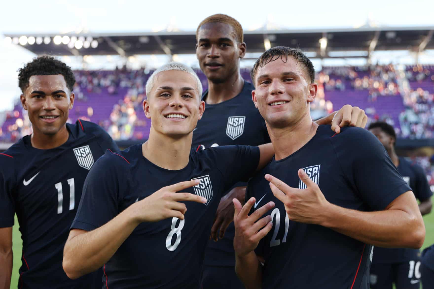 Cavan Sullivan and Frankie Westfield celebrate after the United States’ victory over Peru at Inter&Co Stadium in Orlando.