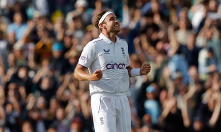 Stuart Broad celebrates the wicket of Alex Carey to win the match