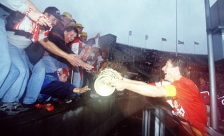 Leverkusen’s Franco Foda celebrates with fans after his side ended the dream run of Hertha’s reserves.