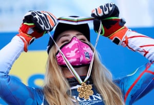Cortina d’Ampezzo, ItalyGold medalist Mikaela Shiffrin of the U.S. celebrates with her medal on the podium after the women’s Alpine Combined.