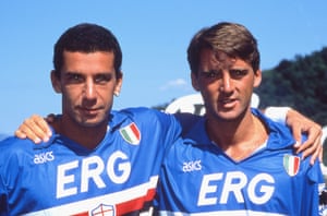 Gianluca Vialli and his great friend Roberto Mancini at Sampdoria in 1991. The pair were known in Italy as “The Goal Twins” during their time at the Genoese club