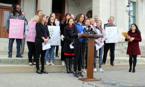 A group supporting three girls suing to block a Connecticut policy that allows trans athletes to compete in girls sports, on 12 February 2020 in Hartford.