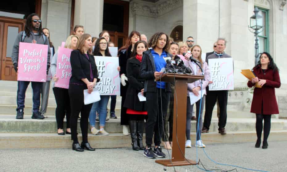Alanna Smith, a sophomore, speaks during a news conference at the Connecticut state capitol in Hartford on Tuesday.