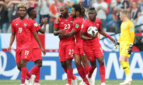 Felipe Baloy (third from left) and his teammates celebrate after Baloy scored Panama’s first goal in the tournament against England.