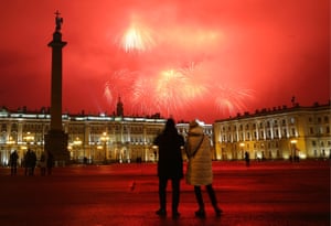 St Petersburg, RussiaPeople in Palace Square watch a firework display marking the 77th anniversary of the end of the Leningrad Siege