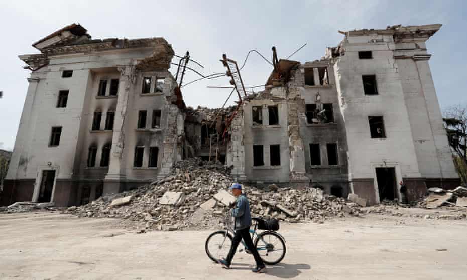 A theatre destroyed during conflict in Mariupol, Ukraine, 25 April 2022