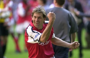 A 2-0 win over Chelsea in the Millennium Stadium in Cardiff gave Wenger his second domestic double at Arsenal. The only downside to the season was that two cornerstones of his defence, Lee Dixon and Tony Adams, pictured celebrating Arsenal’s FA Cup win, hung up their boots.