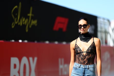 A model in the paddock before the Grand Prix at Silverstone.