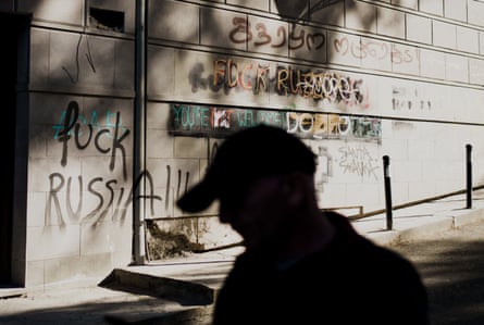Layers of anti-Russian graffiti and corrections in Tbilisi earlier this year.