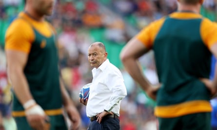 Eddie Jones, head coach of Australia, looks on before the Rugby World Cup match against Portugal