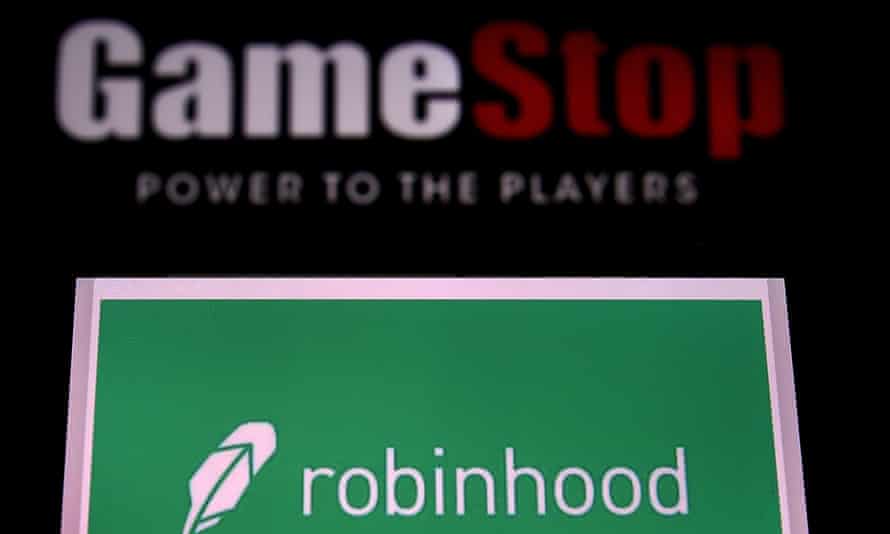 The logos of video grame retail store GameStop and trading application Robinhood.