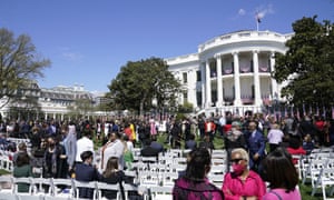 Guests begin to gather on the South Lawn of the White House where Joe Biden, accompanied by Vice President Kamala Harris and Judge Ketanji Brown Jackson, will speak and celebrate the confirmation of Jackson as the first Black woman to reach the Supreme Court, Friday, April 8, 2022 in Washington.