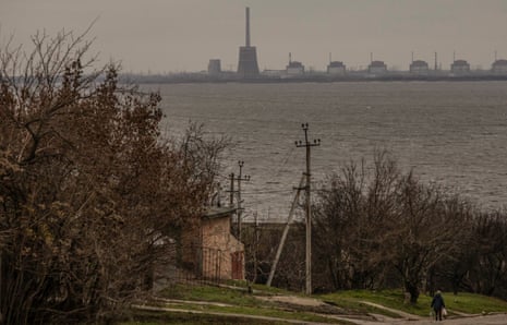 The Russian-controlled Zaporizhzhia nuclear power plant seen from Nikopol.