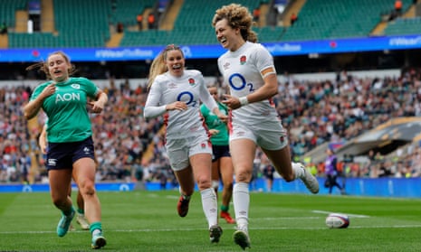 Ellie Kildunne of England celebrates after scoring her team’s thirteenth try and complete her hat-trick during the Guinness Women’s Six Nations 2024 match against Ireland.