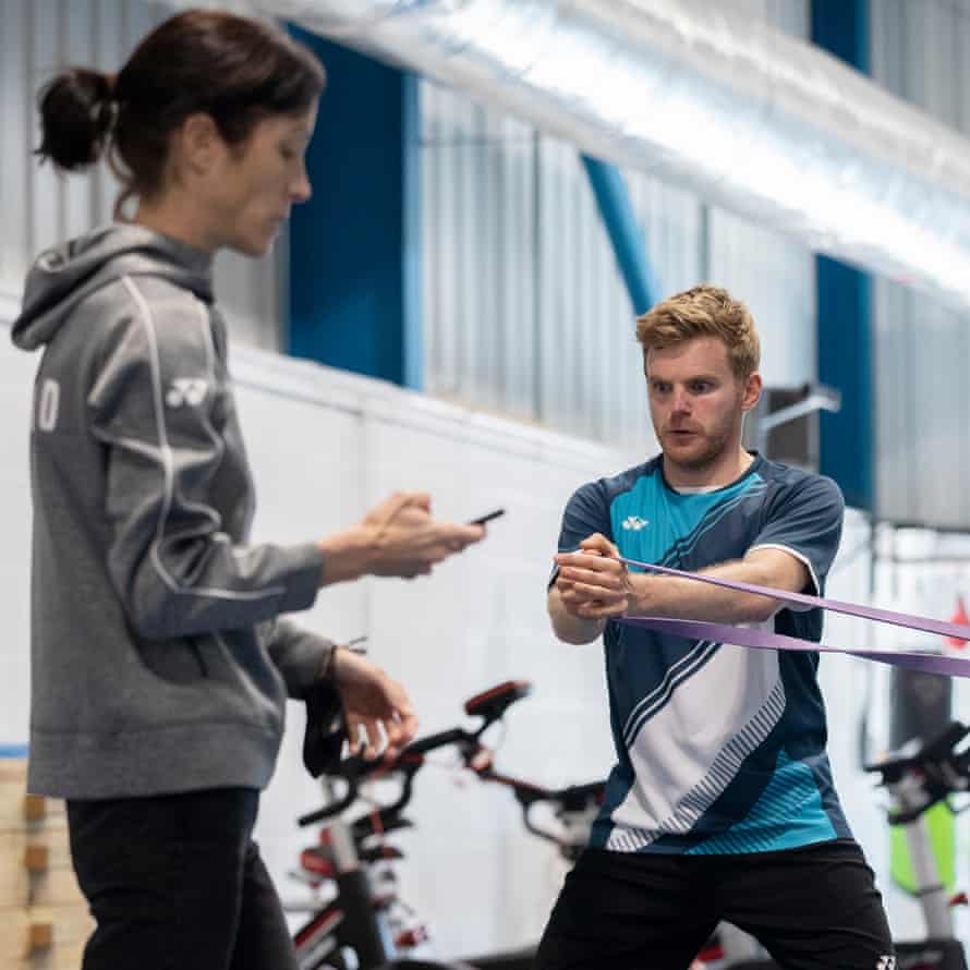 Marcus Ellis, with Chris Langridge, during a circuit training session at the National Badminton Centre in June 2021.