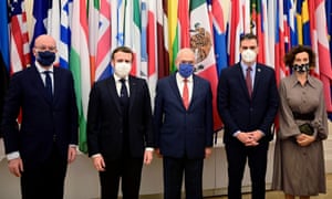 European Council president Charles Michel, French president Emmanuel Macron, OECD secretary general Angel Gurria, Spanish prime minister Pedro Sanchez and Unesco director-general Audrey Azoulay met in Paris this week. Macron has tested positive to the coronavirus.