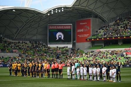 Players from Australia and Sweden line up before a friendly at Melbourne's AAMI Park in November last year.