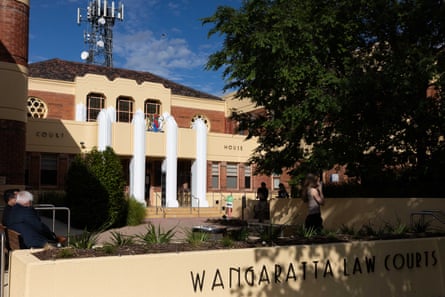 Wangaratta Law Courts building, an art deco courthouse with tall white columns, before Brendan Nugent’s hearing