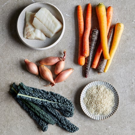 ingredients for Miso food baked cod pinch gingery cavolo nero and rainbow carrot rice